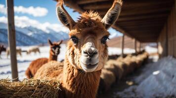A close-up of a llama in a barn, surrounded by a snowy landscape and other llamas. photo