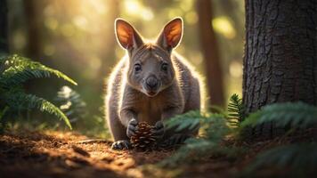 A cute kangaroo holds a pinecone in a sunlit forest, surrounded by ferns and trees. photo