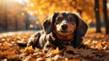 A dachshund lying on colorful autumn leaves, enjoying the seasonal scenery. photo