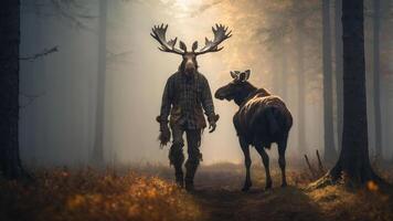 A man with antlers walks alongside a moose in a misty forest during autumn. photo