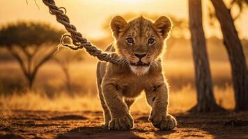 A lion cub playfully tugging on a rope during a golden sunset in a natural setting. photo