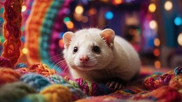 A cute ferret resting on colorful yarn amidst soft, glowing lights. photo