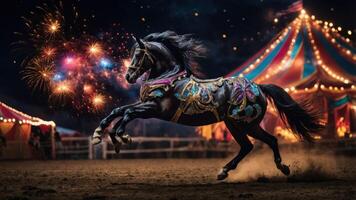 A decorated horse performs in a circus under fireworks and colorful tents. photo