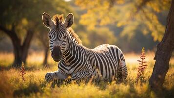 A zebra resting in a sunlit field surrounded by greenery and flowers. photo