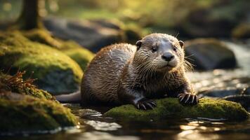A serene otter resting on a mossy rock by a tranquil stream. photo