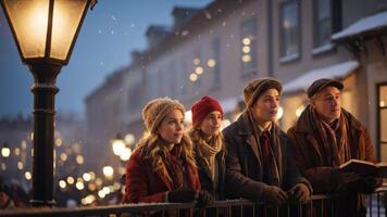 A group of friends enjoying a winter evening in a festive, snow-covered town. photo