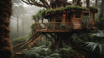A whimsical treehouse nestled in lush greenery, surrounded by misty forest ambiance. photo