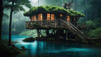 A whimsical treehouse surrounded by lush greenery and water, inviting exploration and relaxation. photo
