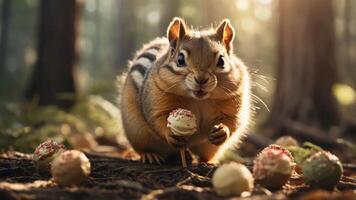 A chipmunk joyfully carries a decorated treat in a forest setting. photo