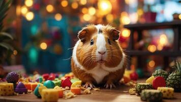 A cute guinea pig surrounded by colorful treats in a festive setting. photo