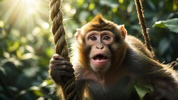 A close-up of a surprised monkey hanging on a rope in a lush green environment. photo