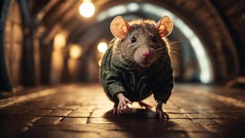 A whimsical rat in a coat exploring a dimly lit, arched corridor. photo