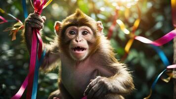 A playful monkey holds colorful ribbons amidst lush greenery, celebrating a joyful occasion. photo
