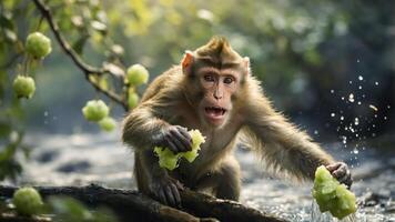 A monkey interacting with food near water in a natural setting. photo