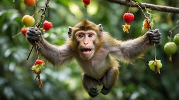 A playful monkey swinging from branches, surrounded by colorful fruits in a lush environment. photo