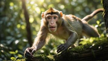 A curious monkey exploring its lush forest habitat, showcasing wildlife in a natural setting. photo