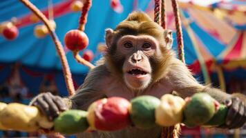 A monkey interacting with colorful fruits in a circus setting. photo