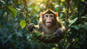 A young monkey resting in a leafy nest, surrounded by greenery in a natural setting. photo