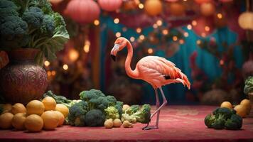A flamingo stands amidst vibrant vegetables in a colorful, festive setting. photo