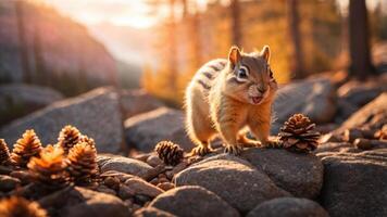 A chipmunk stands on rocks, surrounded by pine cones, in a sunlit forest setting. photo