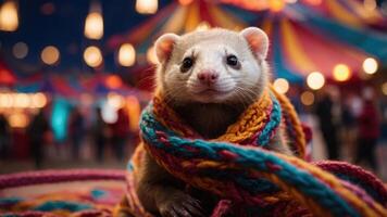 A ferret wrapped in a colorful scarf at a festive fair setting. photo