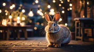 A rabbit sits calmly in a softly lit outdoor setting surrounded by string lights. photo