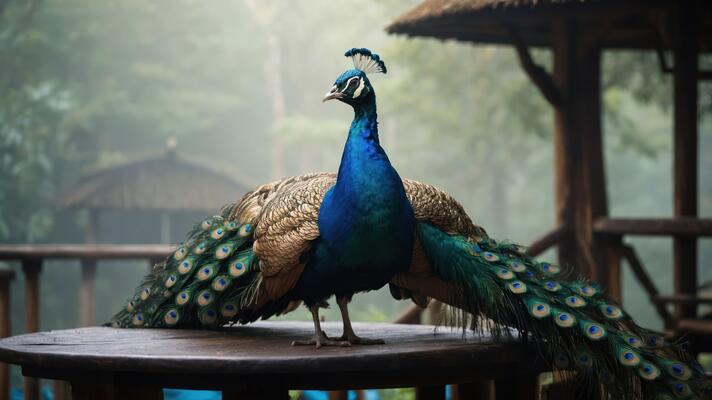 A vibrant peacock displaying its colorful feathers in a misty outdoor setting.