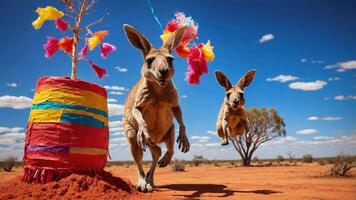 Two kangaroos playfully jump near a colorful tree decoration in the Australian outback. photo