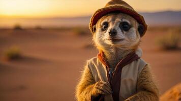 A whimsical meerkat dressed in a hat and cloak stands in a desert landscape at sunset. photo