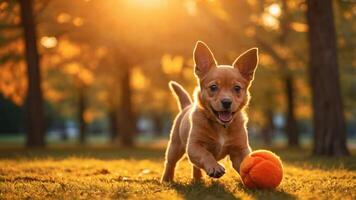A playful puppy running towards an orange ball in a sunlit autumn park. photo