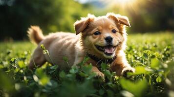 A playful puppy running joyfully in a sunlit grassy field. photo