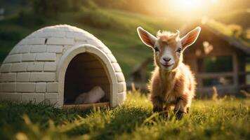 A playful goat stands in front of a cozy igloo-shaped shelter on a sunny hillside. photo