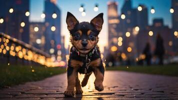A playful puppy running on a pathway with city lights in the background at dusk. photo