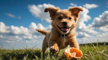 A playful puppy runs joyfully in a grassy field under a bright sky. photo