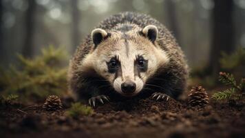 A close-up of a badger in a forest setting, surrounded by pine cones and earthy ground. photo