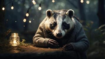 A whimsical scene featuring a raccoon in a cozy sweater, surrounded by soft lighting in nature. photo