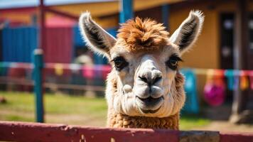 A close-up of a llama looking curiously at the camera in a vibrant farm setting. photo