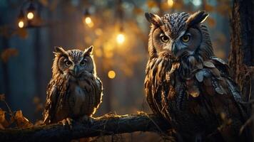 Two majestic owls perched on a branch, illuminated by soft glowing lights in a serene forest. photo