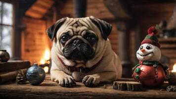 A pug resting on a table with holiday decorations in a cozy cabin setting. photo