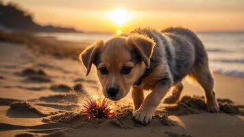 A playful puppy exploring the sandy beach at sunset, discovering a sea urchin. photo