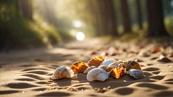 A serene scene of seashells scattered on sandy terrain, illuminated by soft sunlight. photo