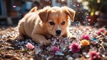 A playful puppy surrounded by flowers and sparkling shards in a garden setting. photo
