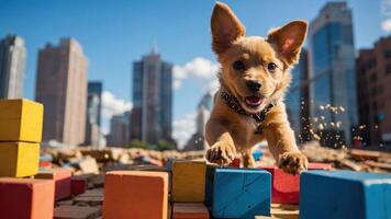 A playful puppy jumps joyfully over colorful blocks in a vibrant urban setting. photo