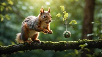 A playful squirrel on a branch, reaching for a hanging ball of twine in a lush forest. photo