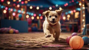 A playful puppy runs joyfully in a colorful, festive setting with vibrant decorations. photo