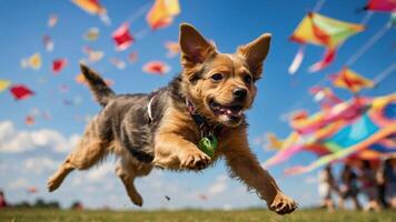 A playful dog leaps joyfully in a vibrant field filled with colorful kites. photo