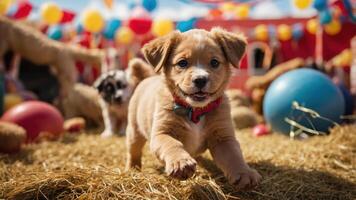 A playful puppy runs through hay at a festive outdoor event with colorful balloons. photo