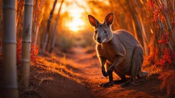 A kangaroo stands on a path surrounded by bamboo, illuminated by a warm sunset glow. photo