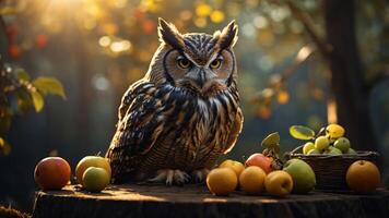 An owl perched among colorful fruits in a serene forest setting. photo