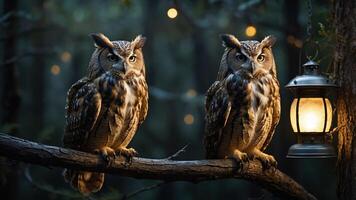 Two owls perched on a branch near a glowing lantern in a dark forest setting. photo